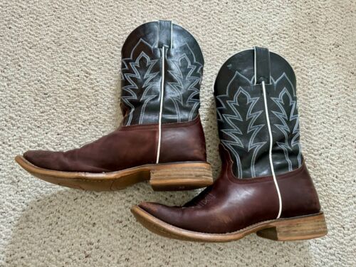 Nocona brown & black leather square toe Western cowboy boots, men's size 9D - Picture 1 of 14