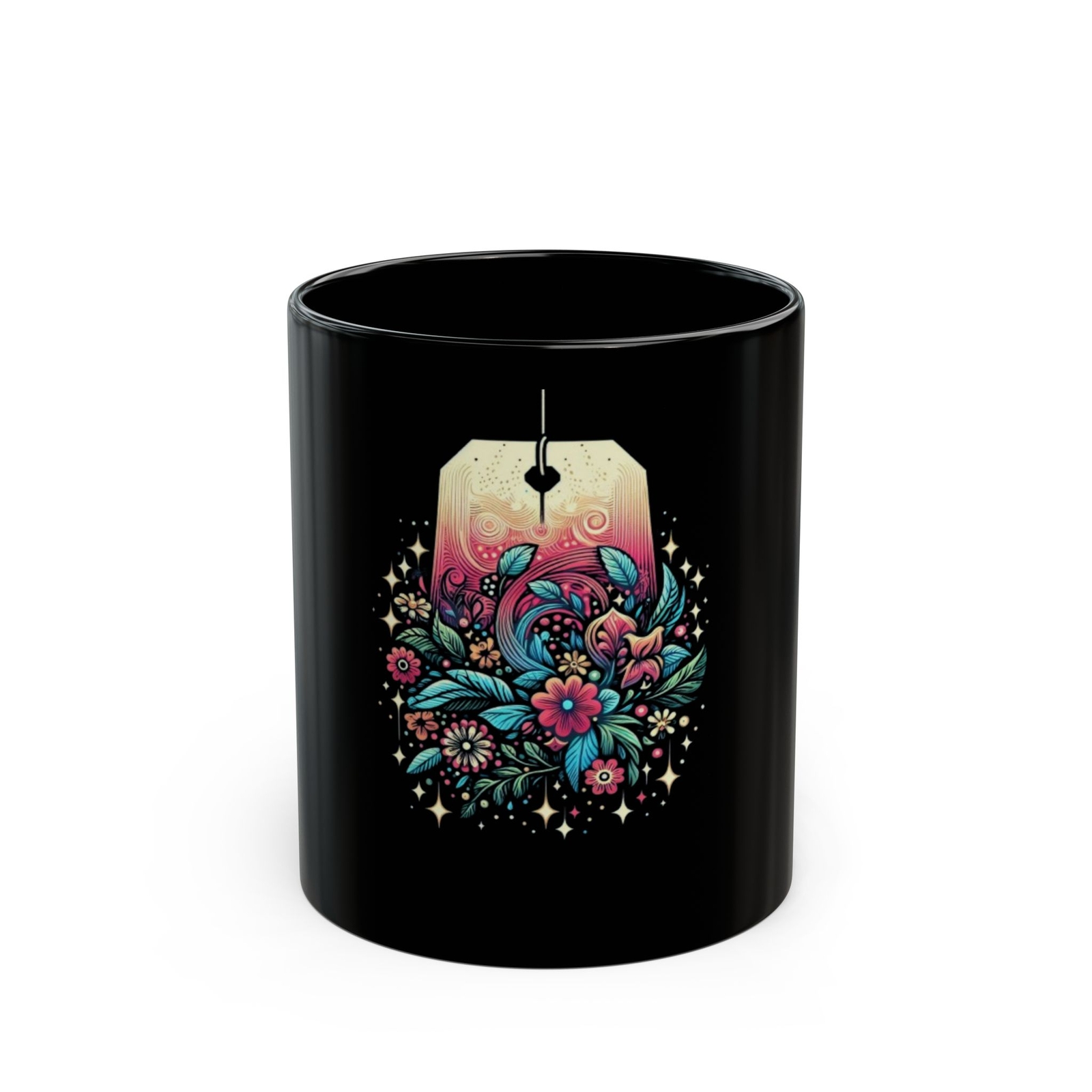 Boho Floral Black Mug - Unique Tea Lover Gift, Coffee Mug, Nature-Inspired