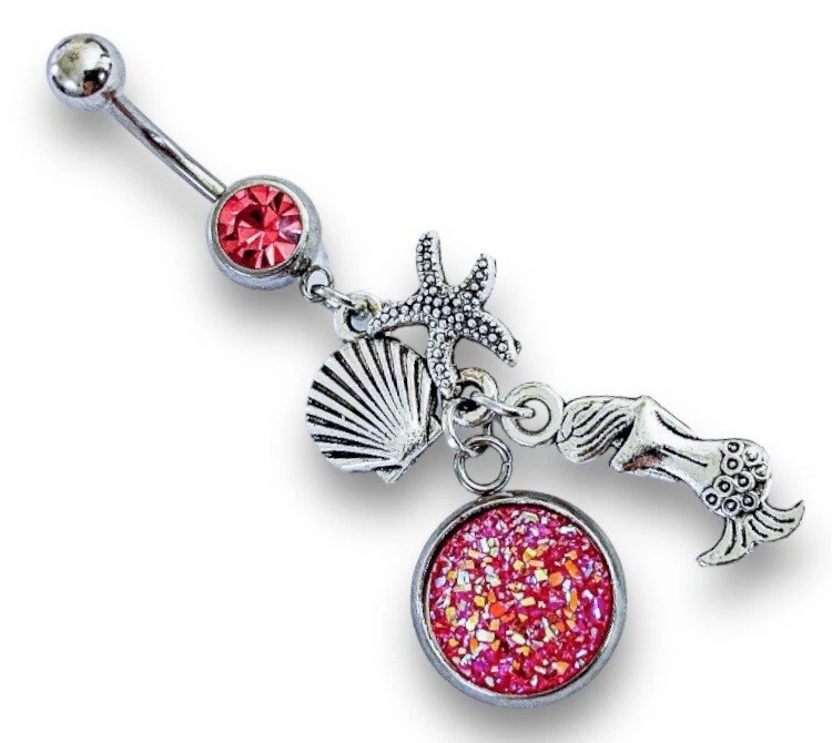 14g pink sparkle dangle mermaid starfish seashell belly ring B494 - Image 2 of 2