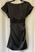 Women’s Black Satin Cocktail Dress Beaded Waist Short Sleeve Party Size S