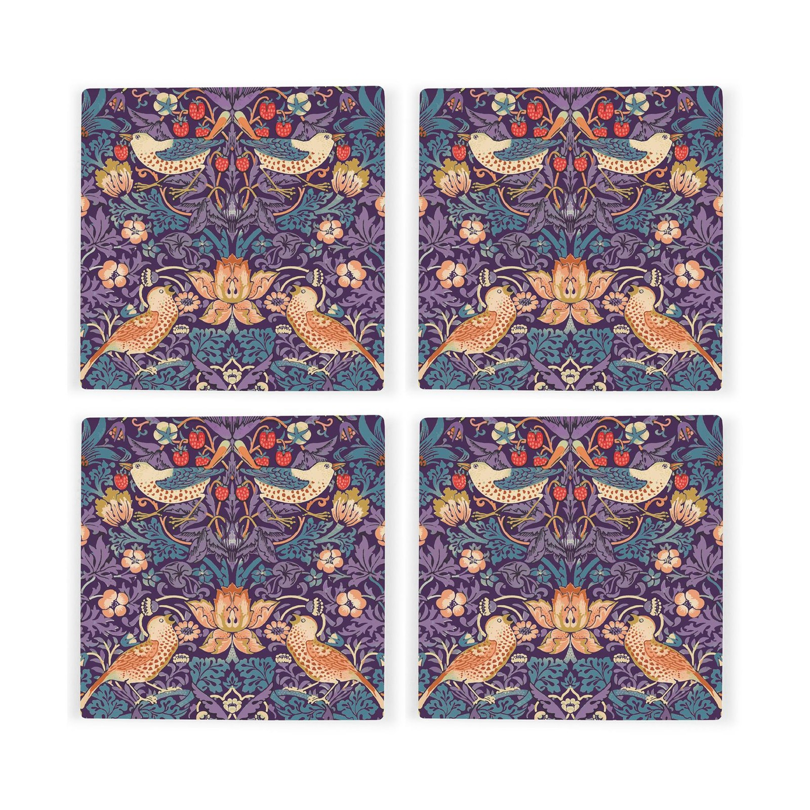 Purple Strawberry Thief Ceramic Coaster Set - William Morris Gifts Set of 4