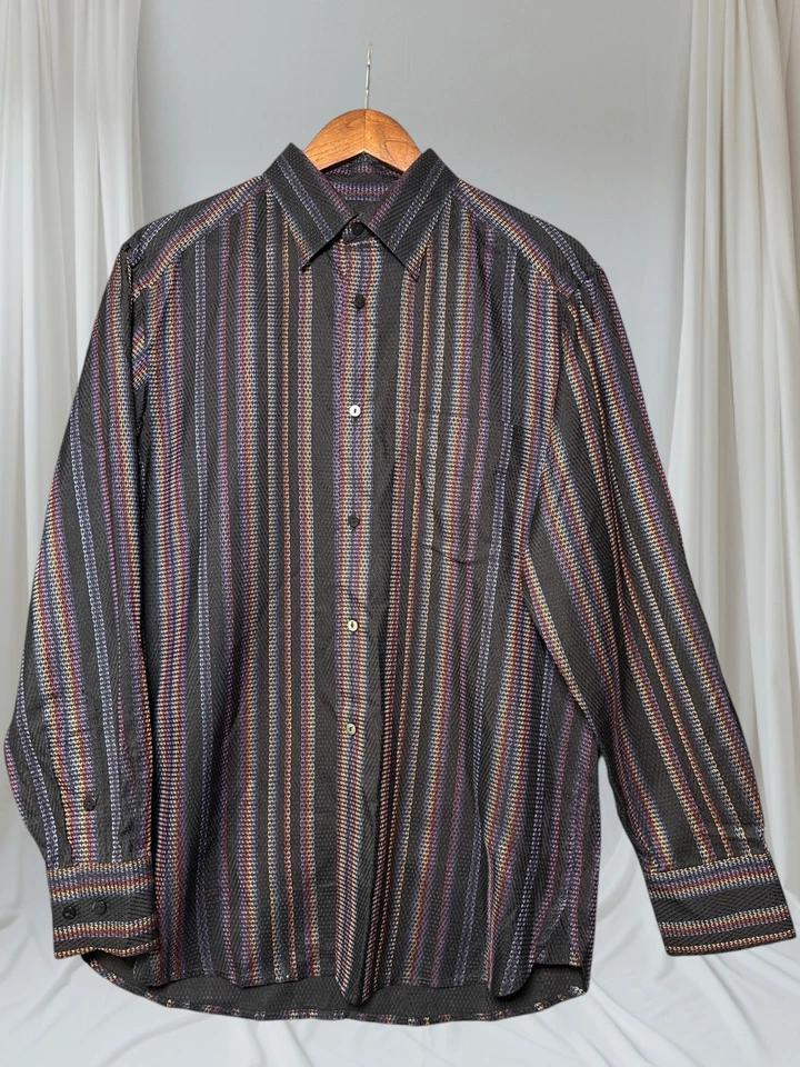 Jhane Barnes Men’s M Shirt 46 Black Multicolor Stripe Textured Weave Silk Blend - Image 2 of 4