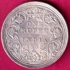 BRITISH INDIA (0/4 DOTS) 1862 VICTORIA QUEEN ONE RUPEE BEAUTIFUL SILVER COIN#Q31