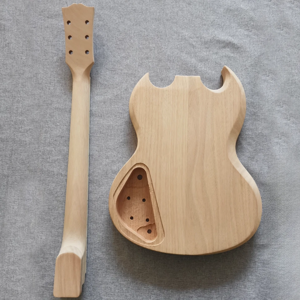 Hágalo usted mismo Super SG kit de guitarra conjunto mástil 2 piezas cuerpo de caoba 1 pieza mástil tuerca de hueso herrajes Foto 3 de 4