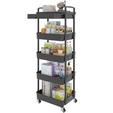 5Tier Rolling Utility Cart With Drawer Plastic Shelf Metal Wheels Black