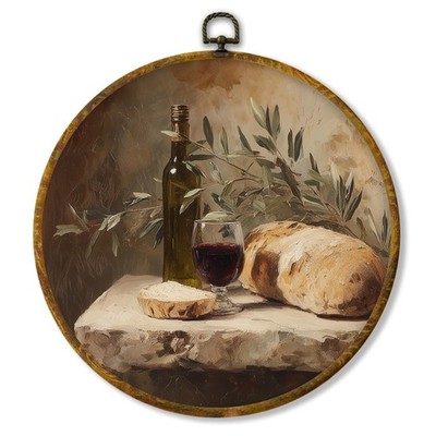 Vintage Bread Kitchen Round Wall Art Decor, Farmhouse Moody Wine Framed Canva...