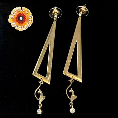 Costume Jewelry Triangle Cat Gold Tone Dangle Earrings Pierced