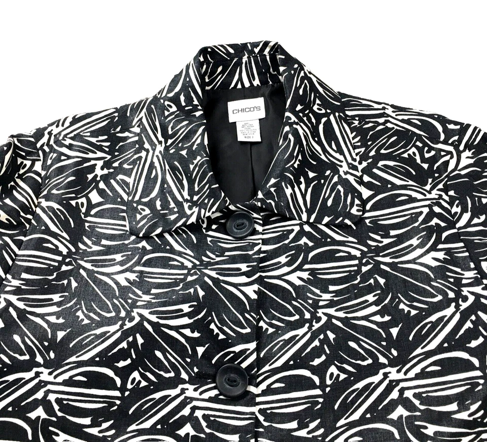 Blazer Chicos Mujer Mezcla Lino Talla 2 US L Negro Blanco Abotonable Mangas 3/4 Foto 2 de 4