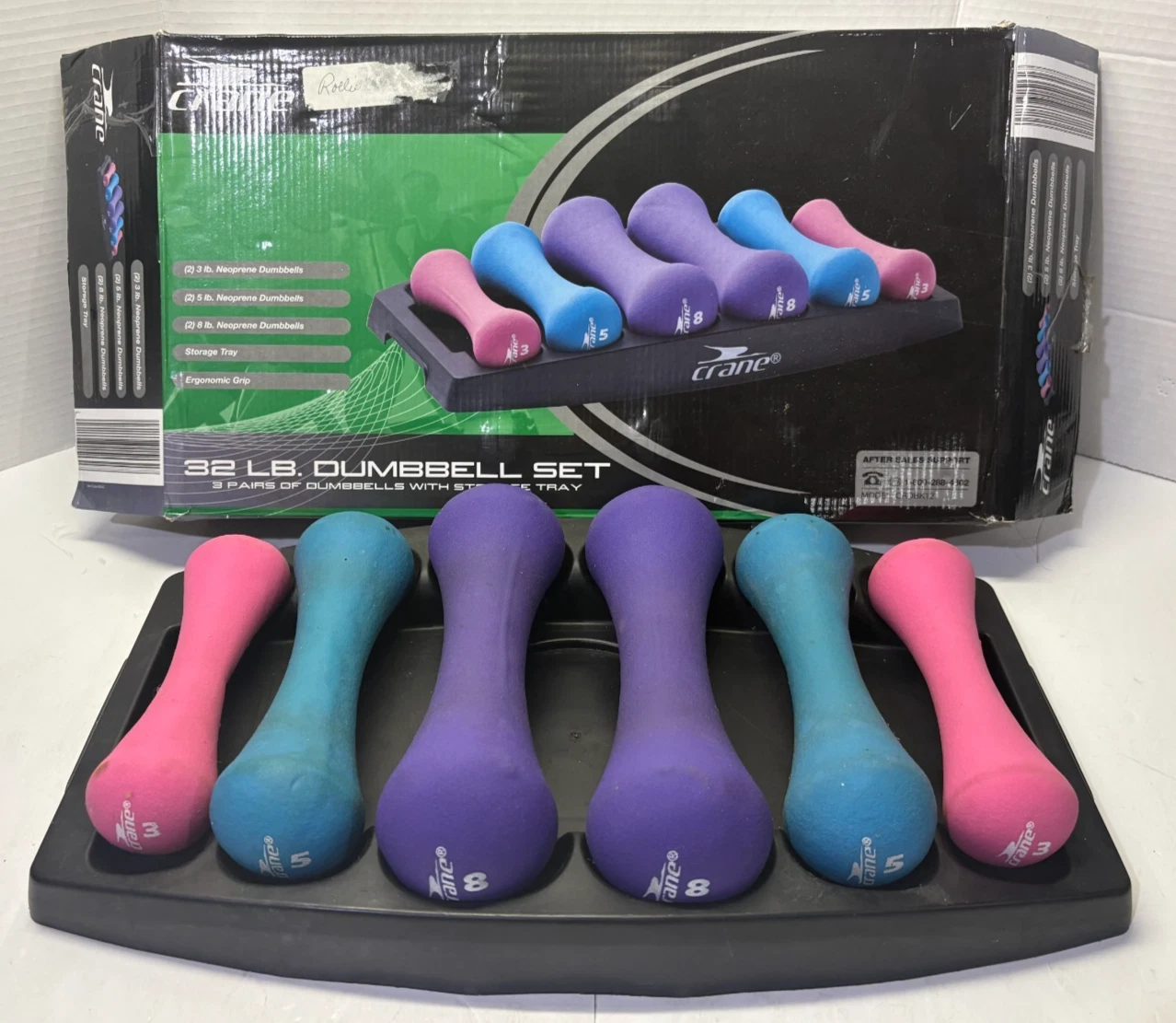 Crane 3, 5, & 8 Pound Neoprene Dumbbell Weight Set w/ storage tray - Ships Fast