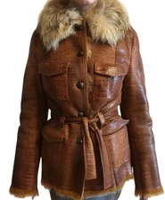 Women’s Cognac brown Leather & Toscana Fur Coat Jacket belted Size 48 EU M