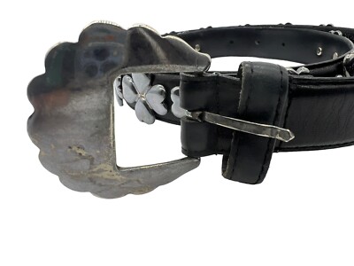 Richard Gampel Black Leather Belt Silver Four Leaf Clover  display picture 2