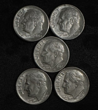 1980 to 1984 DENVER Roosevelt Dimes, 5ea, Circ, SMALL MINT MARKS!!!  10x5x1
