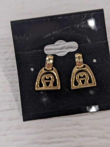 Vintage Etienne Aigner Earrings dangling Lucky Horseshoe Gold tone Charm Logo - Zdjęcie 1 z 8