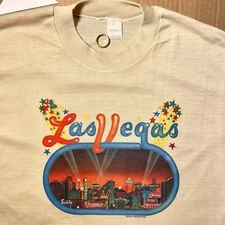 VTG 70s Las Vegas 18.75” x 28”  Vibrant Neon Skyline Souvenir T Shirt