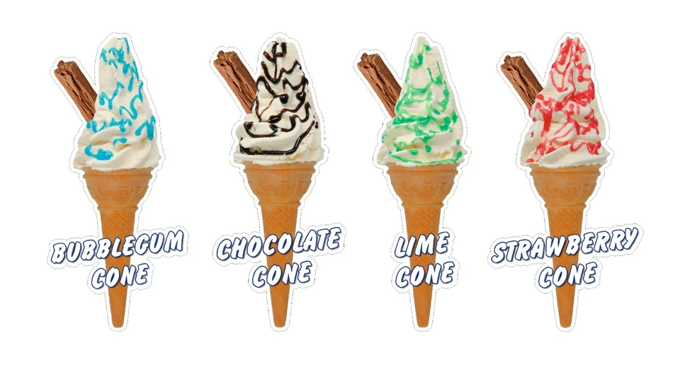 Whippy Ice Cream Cone Stickers Set of 4 Flavours - 16cm high die cut decals
