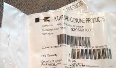 Genuine Kawasaki Welch Plug 92066-0780 for Carburetor for sale