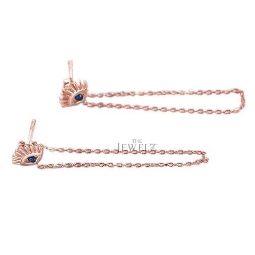 14K Gold 0.08CT Blue Sapphire Evil Eye Drop Chain Earrings - The Jewelz - Picture 4 of 4