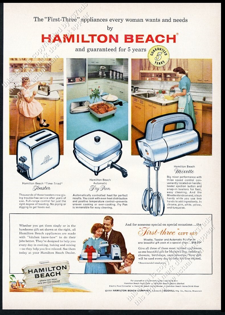 1959 Hamilton Beach Mixette mixer Toaster electric Fry Pan MCM