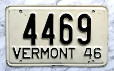 1946 Vermont License Plate -  Nice Original Paint Condition