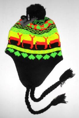 New Peruvian Fair-Aisle Tassel Knit Beanie Ski Hat NEON ORANGE DEER S75 Hunting