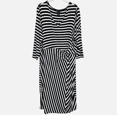 Lane Bryant Striped Side-Knot Midi Dress Womens 22/24 V-Neck Stretch 3/4  Sleeve