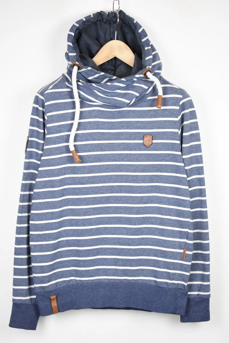 NAKETANO Hoodie Mens SMALL Blue White Striped Hooded Pullover Logo Badges |  eBay