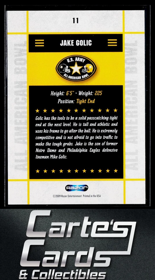 Jake Golic 2009 Razor US Army All-American Bowl #11 - Image 2 of 2