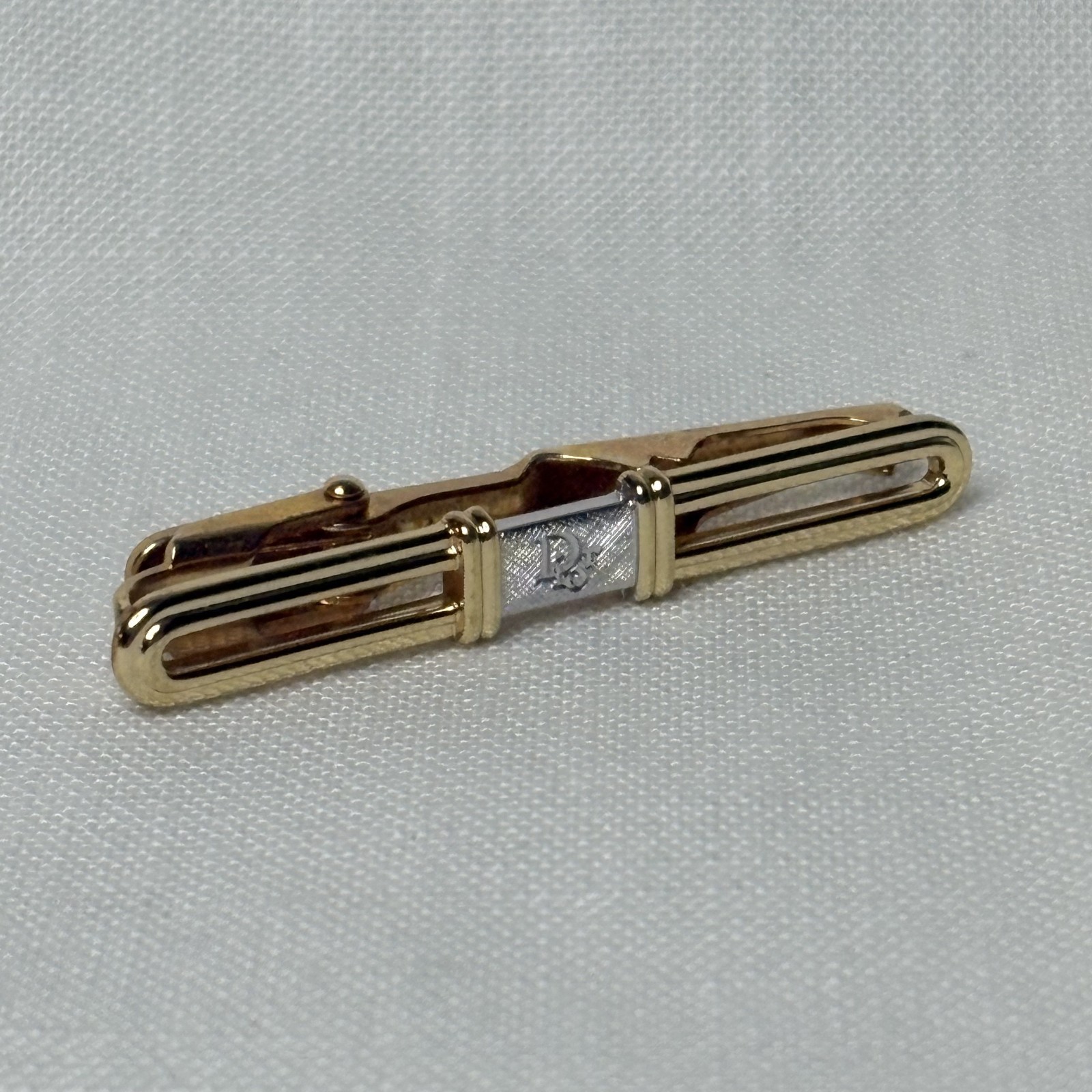 CHRISTIAN DIOR Monsieur Vintage Tie Clip Two Tone Gold Silver Logo
