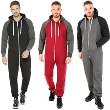 Mens Boys Adult 1onesie Fleece Hooded Jumpsuit One Piece Plain Zipper Pajamas