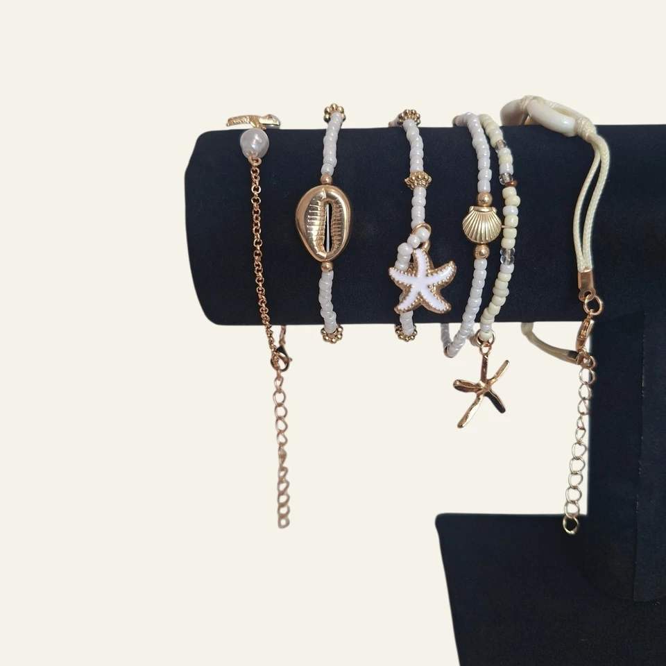 Lot 5 Bracelets Femme Bohème Perles Blanches Coquillage Cauri Étoile de Mer Doré - Photo 1/2
