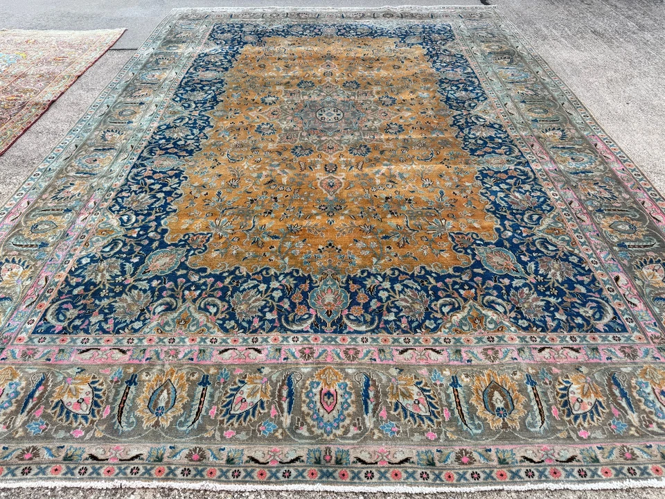 ANTIQUE ORIENTAL RUG 10x13 handmade vintage persimmon rust blue pink blue orange - Image 3 of 4