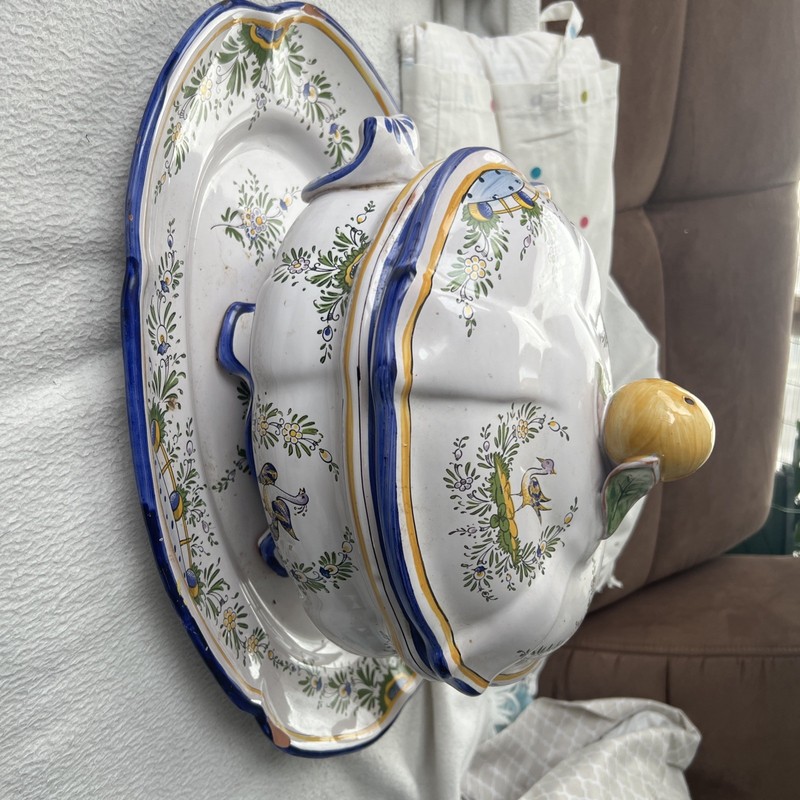 Antique French Renoleau Faience Pear Lidded Bird Soup Tureen With Platter