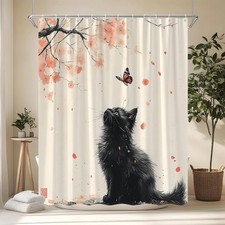70x70 Japanese Cat Shower Curtain, Zen Garden Pink Floral Cherry Blossom Design