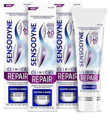 Sensodyne Clinical Repair Whiten & Shine Toothpaste, 3.4 oz (3 Pack) EXP 9/2027