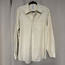 Brooks Brothers Dress Shirt Mens 16 1/2 - 35 Yellow w/Blue Checks Non Iron