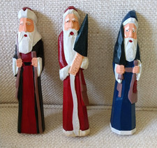 Lot of 3 Vtg Folk Art Santa Claus Hand Carved Hand Painted Wood Figures
