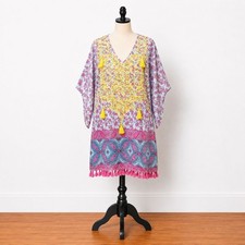 Misslook Bohemian Womens Tunic Dress Large Floral Printed Tassels Fringe Pink