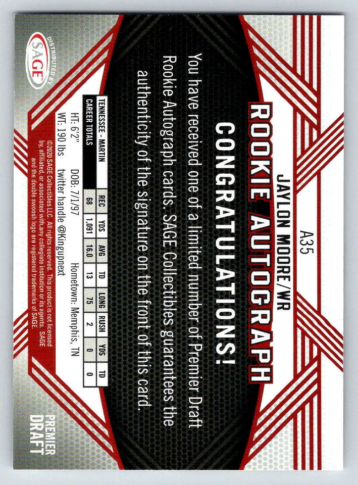 2020 SAGE HIT AUTO Black #A35 Jaylon Moore (ref 220877) - Image 2 of 2