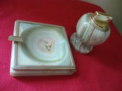 Briquet + Cendrier Vintage Ensemble de Bureau en Pierre Onyx Année 70/80 - Photo 1/4