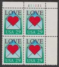 US 2618 Love 29c plate block 4 UR U22223 MNH 1992