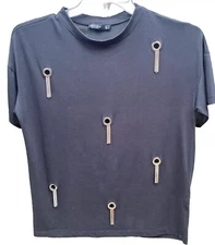 Bershka XS Knit Top Black Short Sleeve Scoop Neck w/Open Metal Art Chain Tassels