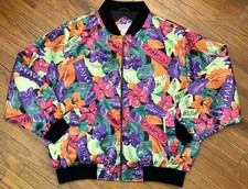Stefano World Wide Satin Bomber Jacket Vtg Sz Lg Bright Colorful Tropical Lined