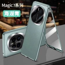 For Honor Magic7 Pro, Magnetic Metal Bumper Back Leather Front Glass Case Cover