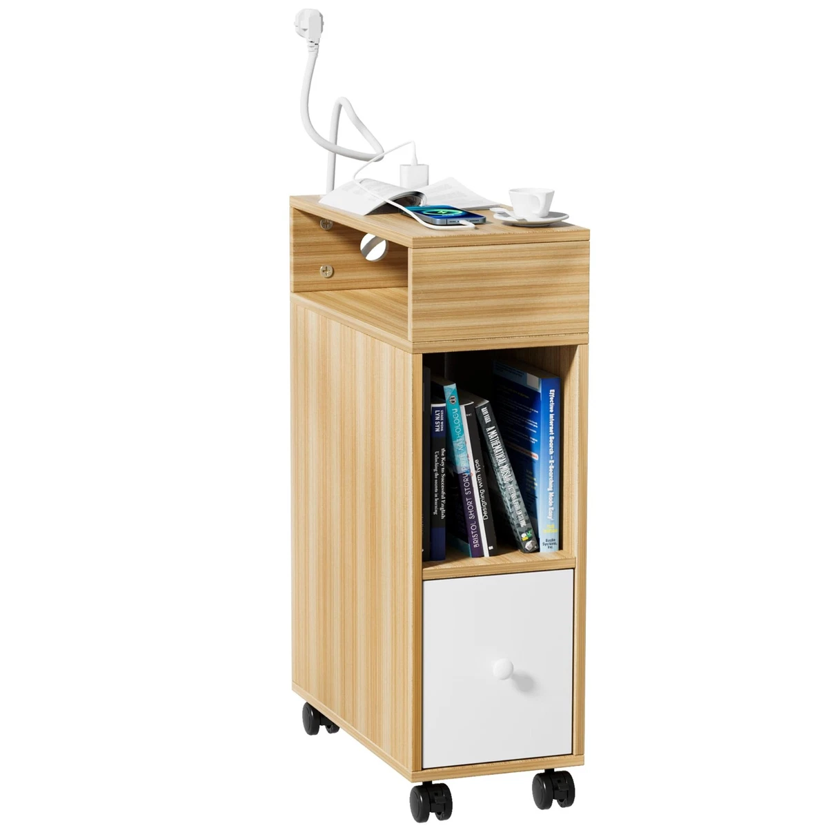 Runjuly Comodino In Legno Con Serratura A Combinazione E Stazione Di Ricarica USB – 3 Porte USB E 2 Prese, Cassetti E Ripiani