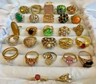 Vtg Ring Lot Gold Plate Costume Jewelry Tigers Eye Party Glass Faux Gem / Pearl