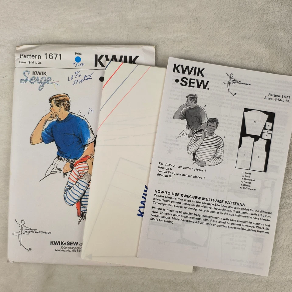 Vintage 80s Kwik Sew Pattern 1671 Men's T-Shirts Serge S M L XL Uncut - Image 2 of 3