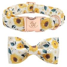 Yellow Sunflower Floral Pattern Adjustable Soft Pet Dog Collar Bowtie Medium