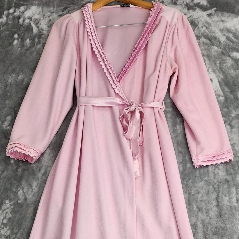 Vintage 70s Gilead Robe Womens M Pink Arnel Nylon Flannel Long Pleated Ribbon - Image 2 of 4