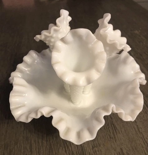 Vintage Fenton Hobnail Epergne 3-Horn White Milk Glass Trumpet Vase Bowl