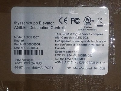 thyssenkrupp elevator AGILE DESTINATION CONTROL panel 8503BJ007